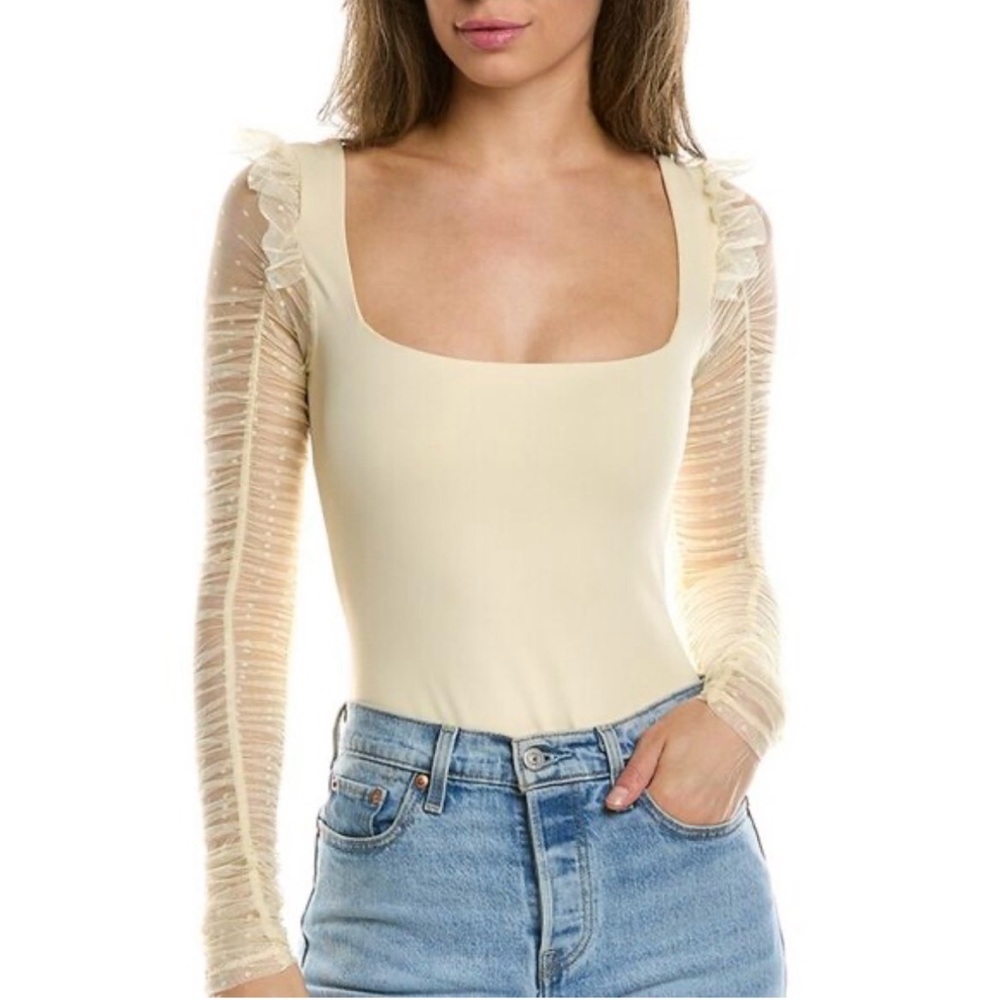 Free People Most Be Love Long Sheer Lace Polka Dot Sleeve Body Suit Top Sexy XS